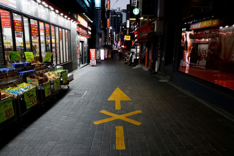 A previously crowded shopping street affected by heightened social distancing rules is pictured amid the coronavirus disease (COVID-19) pandemic in Seoul