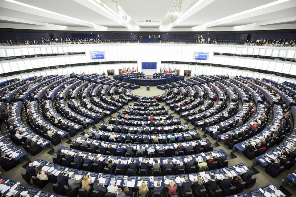 General view of the European Parliament during a plenary session in Strasbourg, eastern France, Wednesday, March 13, 2019. British lawmakers rejected May's Brexit deal in a 391-242 vote on Tuesday night. Parliament will vote Wednesday on whether to leave the EU without a deal. (AP Photo/Jean Francois Badias)