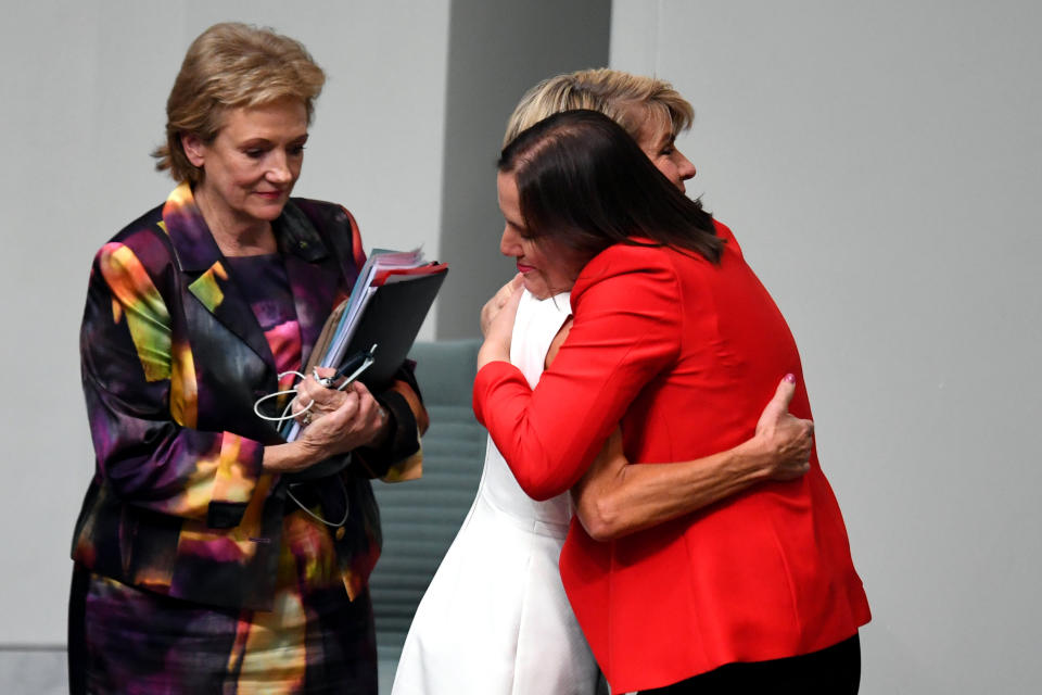 Ms Bishop hugs Minister for Jobs Kelly O’Dwyer after announcing her retirement. Source: AAP