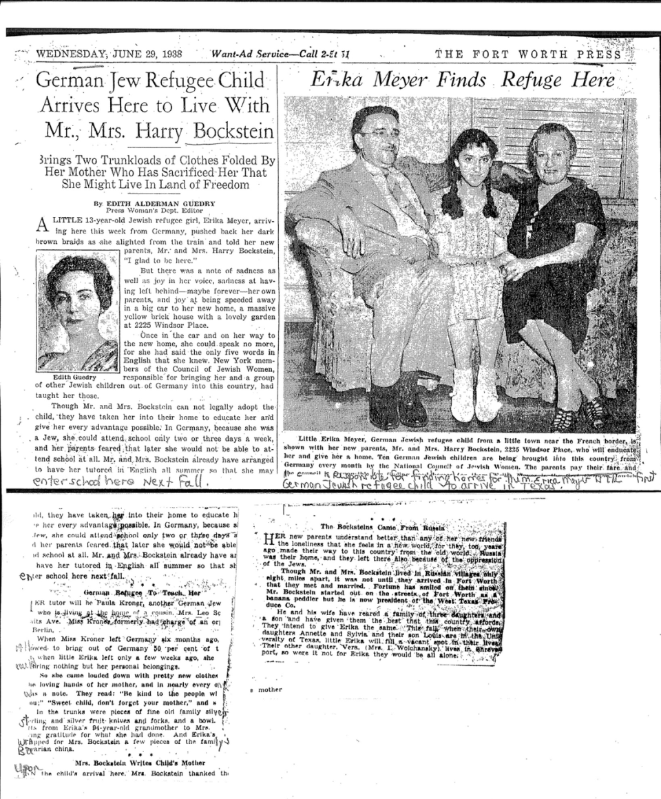 News clipping of a story from the Fort Worth Press, June 19, 1938, about Erika Meyer’s arrival in Fort Worth.