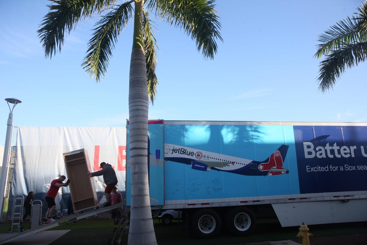 The Red Sox equipment truck is unloaded at JetBlue Park at Fenway South in Fort Myers on Feb. 8.