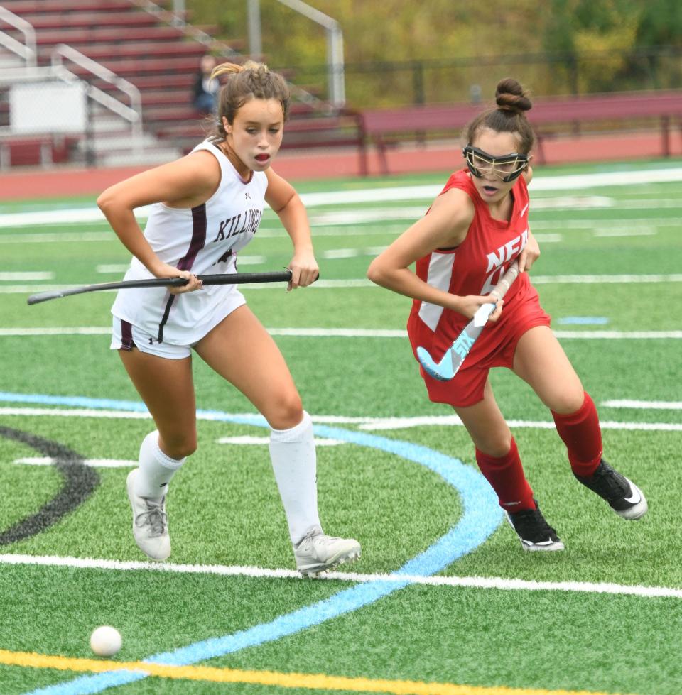 Killingly's Lilah Dunn and NFA's Hope Insalaco battle for the ball during Killingly's 3-2 overtime win at Morgan Field in Killingly.
(Photo: [John Shishmanian/ NorwichBulletin.com])