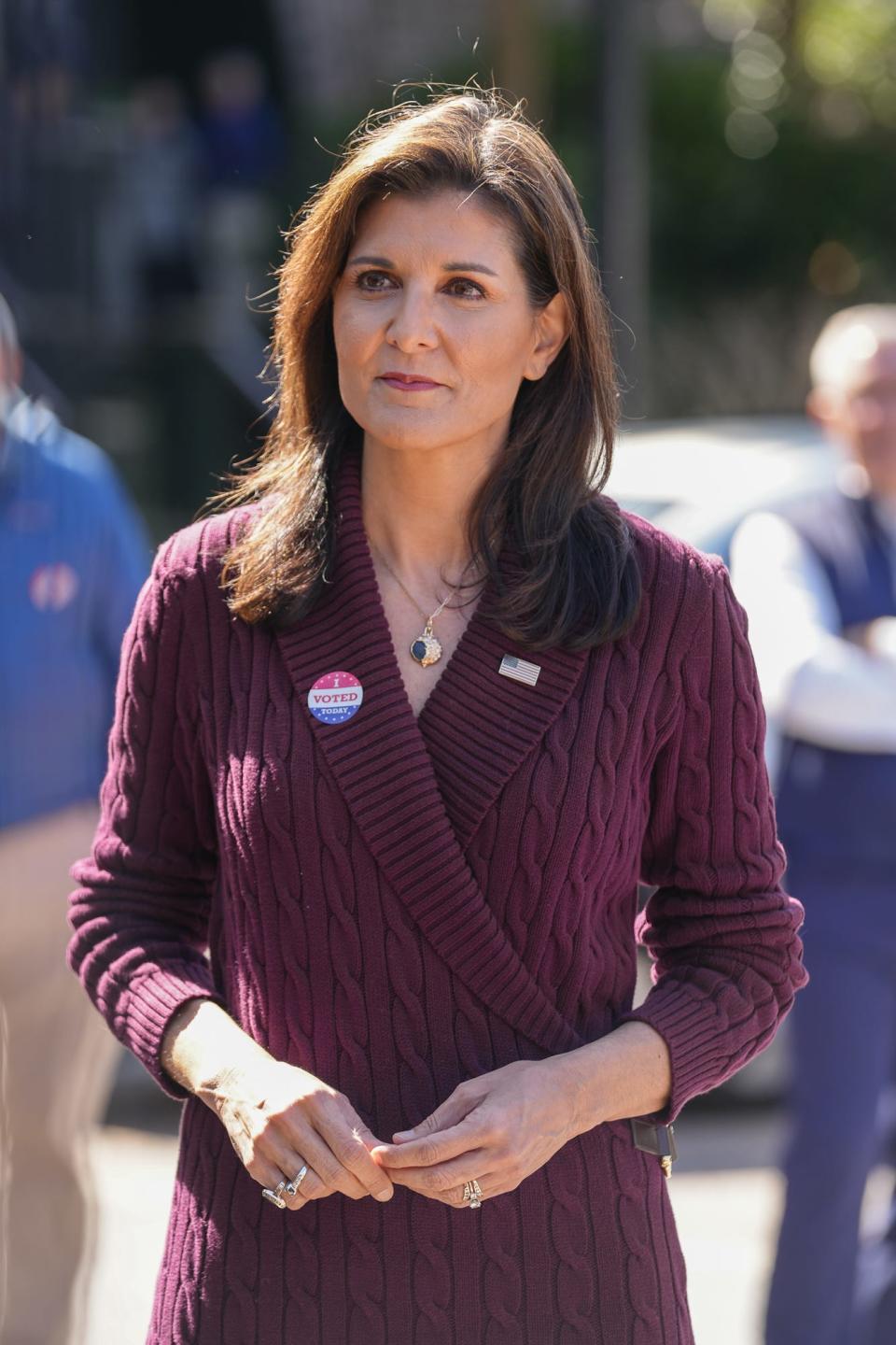 Feb 24, 2024; Kiawah Island, SC, USA; Republican presidential candidate and former South Carolina governor Nikki Haley spoke with the press after voting in Saturday’s GOP primary Saturday in Kiawah Island. Megan Smith-USA TODAY