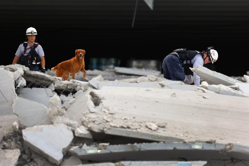 DORAL, FL - OCTOBER 10: Miami-Dade Fire Rescue search and rescue workers search in the rubble of a four-story parking garage that was under construction and collapsed at the Miami Dade College’s West Campus on October 10, 2012 in Doral, Florida. Early reports indicate that one person was killed, at least seven people injured and one is still trapped.(Photo by Joe Raedle/Getty Images)