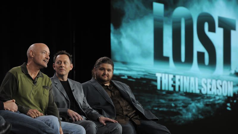 Terry O’Quinn, left, Michael Emerson, center, and Jorge Garcia, cast members of “Lost,” participate in a panel discussion on the show at the Disney ABC Television Critics Association winter press tour in Pasadena, Calif., Tuesday, Jan. 12, 2010. 