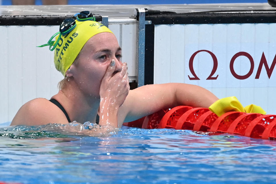 Seen here, Ariarne Titmus reacts with shock after winning the 400m freestyle gold medal at the Tokyo Olympics. 