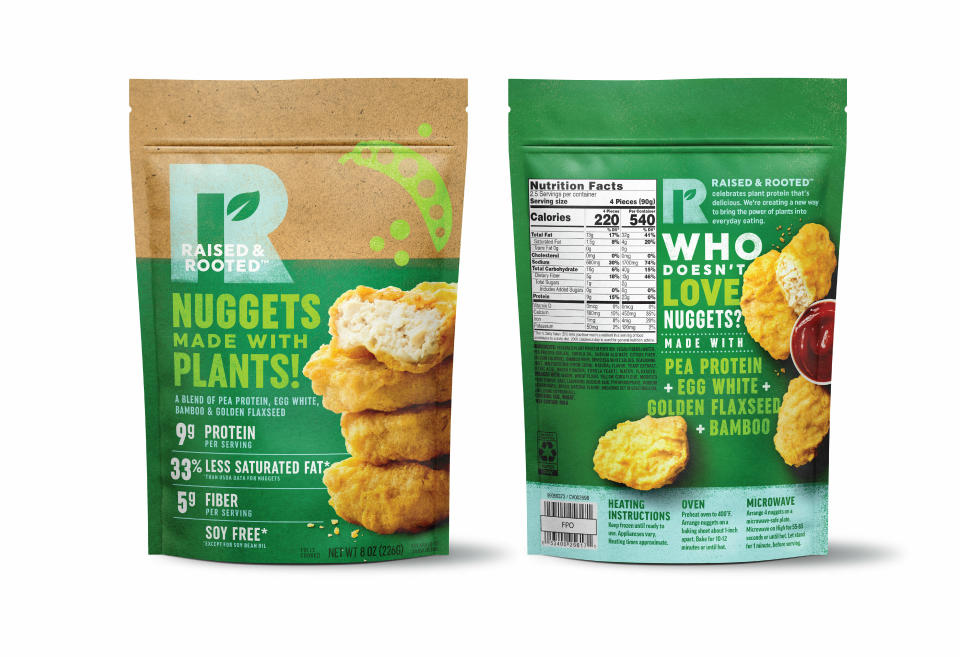 This undated product image provided by Tyson Foods, Inc. shows a plant-based meat alternative made by Tyson Foods. The nuggets made from pea protein at grocery stores this summer. The product will be sold under a new brand, Raised and Rooted, which will continue to develop new plant-based products and blends. (Kevin Smith/Tyson Foods, Inc. via AP)