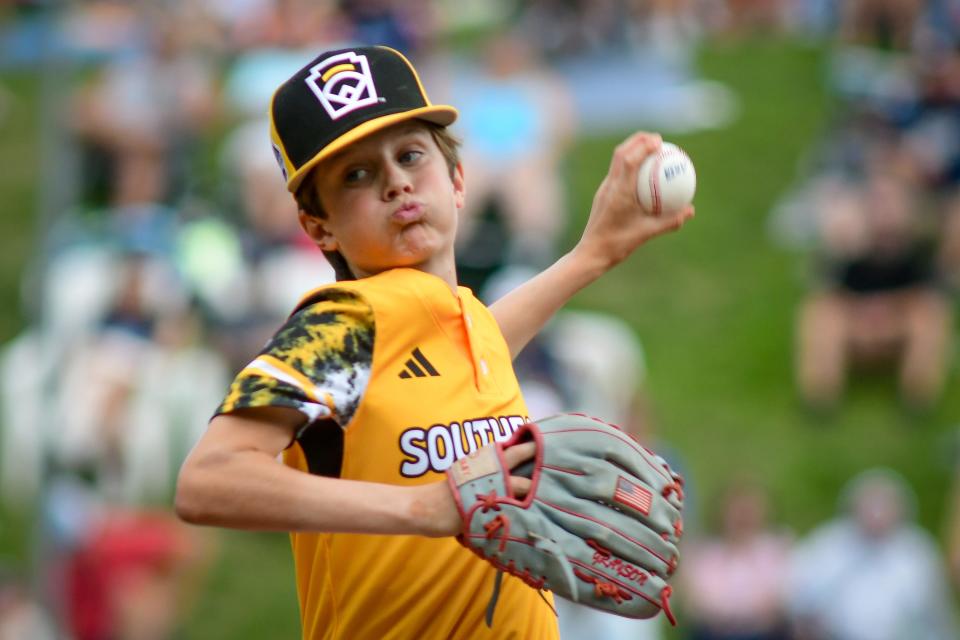 Grayson May throws for Southeast during their game against the Metro Region in the Little League World Series on Friday, Aug 18, 2023 in South Williamsport, Pennsylvania, United States. Mandatory Credit: Ralph Wilson-The Tennessean