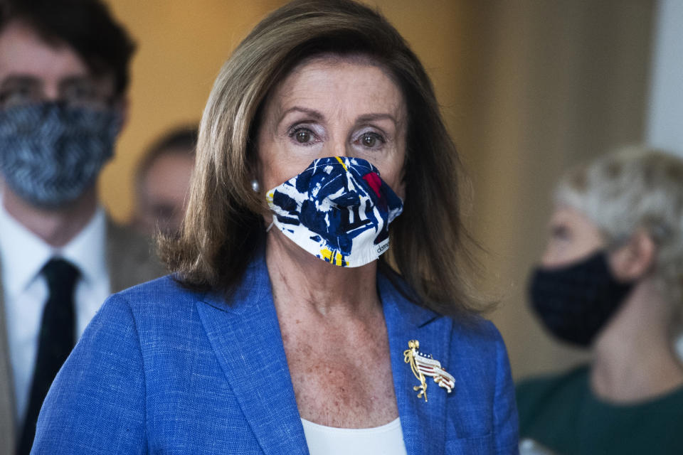 UNITED STATES - AUGUST 14: Speaker Nancy Pelosi, D-Calif., is pictured after a television interview in Russell Building on Friday, August 14, 2020. (Photo By Tom Williams/CQ-Roll Call, Inc via Getty Images)