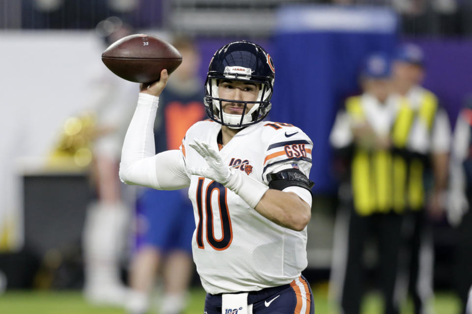 Chicago Bears quarterback Mitchell Trubisky (10) throws a pass during the first half of an NFL football game against the Minnesota Vikings, Sunday, Dec. 29, 2019, in Minneapolis. (AP Photo/Andy Clayton-King)