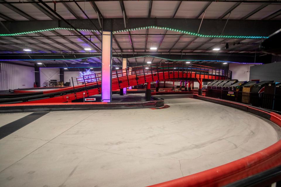 The third floor race track at Best In Games in Ypsilanti on May 16, 2022. Best In Games is a new 74,000 square foot facility with an arcade, two restaurants, axe throwing, laser tag, football bowling, go karts, glow golf, and trampolines.