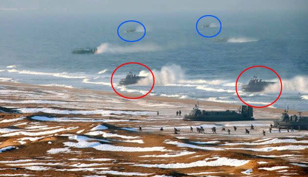 The image released by North Korean news agency, KCNA, which appears to show hovercraft have been copied and pasted.