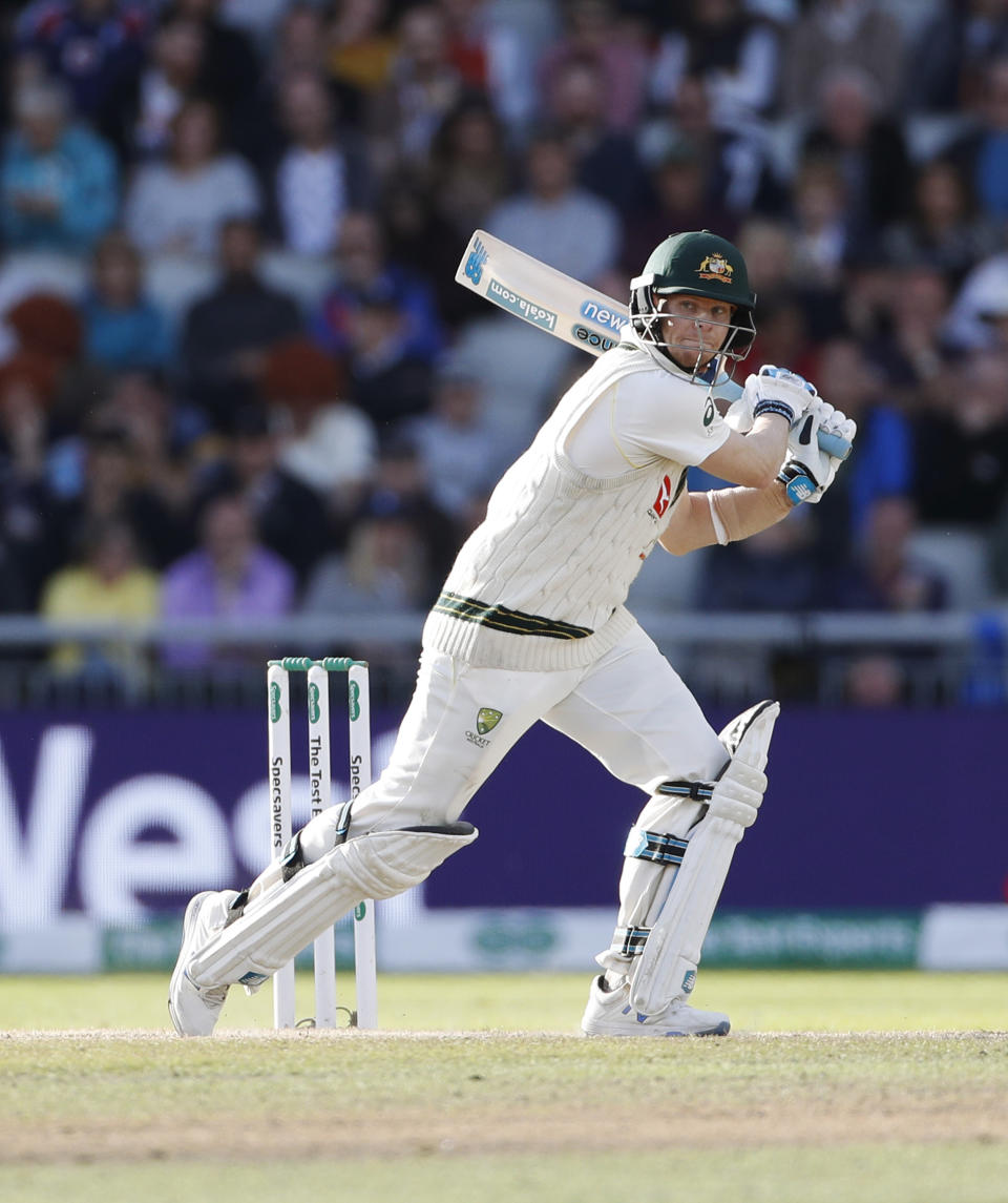 Australia's Steve Smith bats during day four of the fourth Ashes Test cricket match between England and Australia at Old Trafford in Manchester, England, Saturday, Sept. 7, 2019. (AP Photo/Rui Vieira)