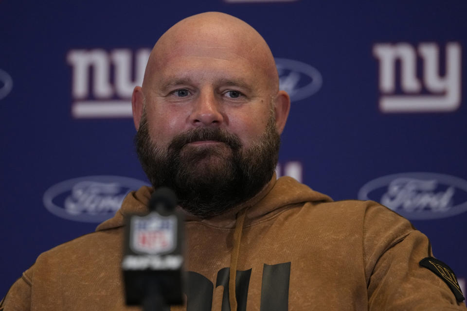 New York Giants head coach Brian Daboll speaks during a news conference after an NFL football game against the Dallas Cowboys, Sunday, Nov. 12, 2023, in Arlington, Texas. (AP Photo/Julio Cortez)
