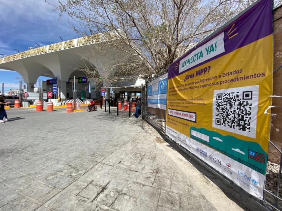 <div class="inline-image__caption"><p>Bridge at Ciudad Juarez with MPP advertisement.</p></div> <div class="inline-image__credit">Luis Chaparro</div>