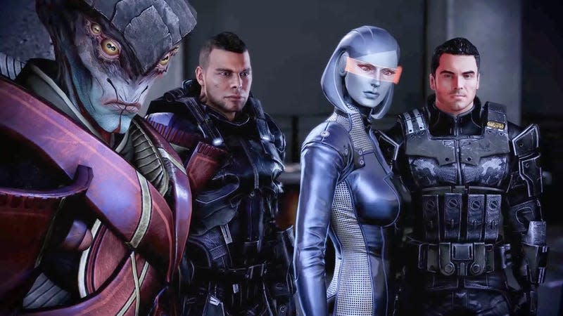 A screenshot shows characters and aliens from Mass Effect standing together.