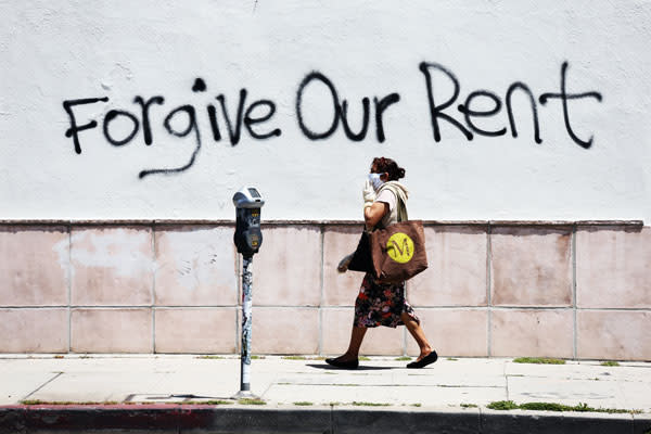 Graffiti supporting the rent strike appear on La Brea Ave. during the coronavirus pandemic on May 01, 2020 in Los Angeles, California