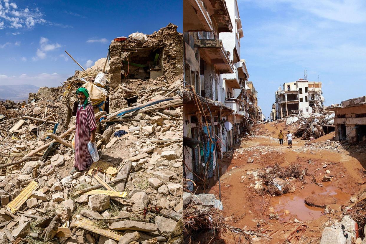 A person walks through rubble. People walk through a flooded-out city.