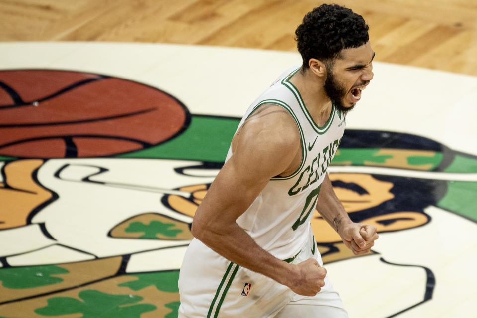 PRIL 30: Jayson Tatum #0 of the Boston Celtics celebrates after hitting a three pointer during the second half against the San Antonio Spurs at TD Garden on April 30, 2021 in Boston, Massachusetts. NOTE TO USER: User expressly acknowledges and agrees that, by downloading and or using this photograph, User is consenting to the terms and conditions of the Getty Images License Agreement. (Photo by Maddie Malhotra/Getty Images)