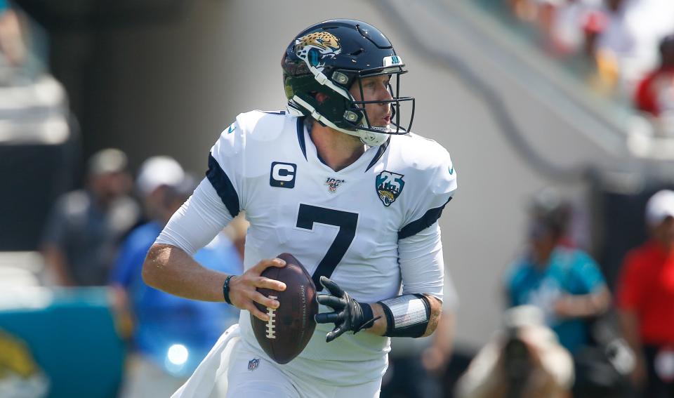 Sep 8, 2019; Jacksonville, FL, USA; Jacksonville Jaguars quarterback Nick Foles (7) drops to throw a pass during the first quarter against the Kansas City Chiefs at TIAA Bank Field. Mandatory Credit: Reinhold Matay-USA TODAY Sports