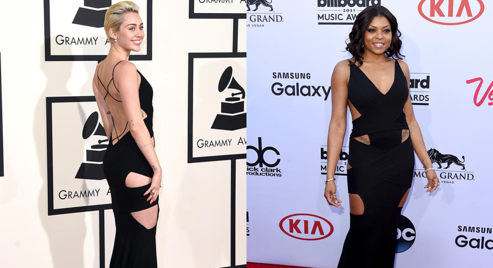 <p>Miley Cyrus and Taraji P Henson opted for the same cut-out dress at two different music awards back in 2015. Cyrus first opted for the Alexandre Vaultier number at the Grammy Awards before Henson wore the SS15 dress at the Billboard Music Awards in Las Vegas. <em>[Photo: Getty]</em> </p>