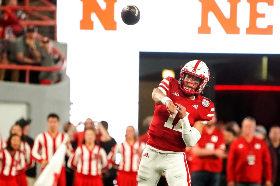 Oct 1, 2022; Lincoln, Nebraska, USA; Nebraska Cornhuskers quarterback Casey Thompson (11) throws against the Indiana Hoosiers during the second quarter at Memorial Stadium. Mandatory Credit: Dylan Widger-USA TODAY Sports