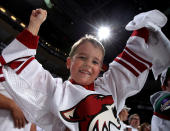 GLENDALE, AZ - MAY 22: Phoenix Coyotes fan Ethan Bryant of Phoenix cheers on the Coyotes before Game Five of the Western Conference Final during the 2012 NHL Stanley Cup Playoffs against the Los Angeles Kings at Jobing.com Arena on May 22, 2012 in Phoenix, Arizona. (Photo by Christian Petersen/Getty Images)