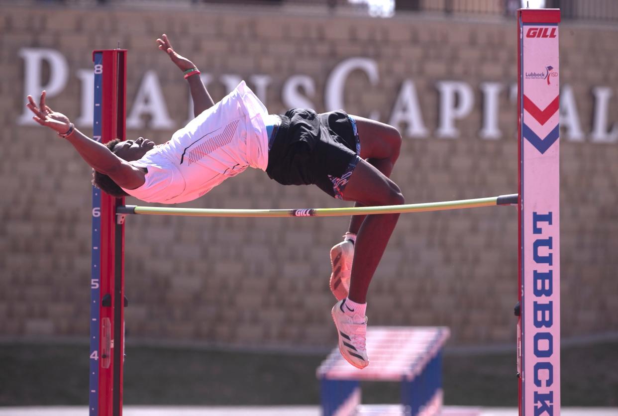 Lubbock-Cooper’s Michael Dever competes in high jump at the Districts 3/4-5A area track and field meet, Friday, April 12, 2024, at Lowrey Field.