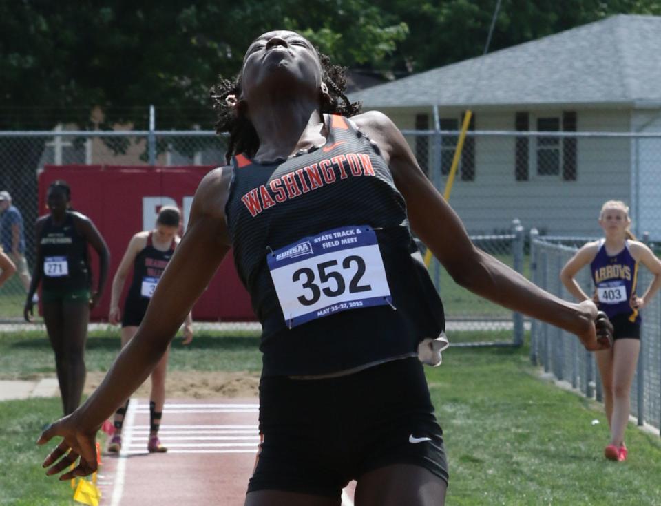 Nyariek Kur of Sioux Falls Washington won the Class AA girls' long jump on Thursday and added a win in the Class AA girls' triple jump on Friday, May 26, 2023 during the South Dakota State Track and Field Championships at Howard Wood Field.