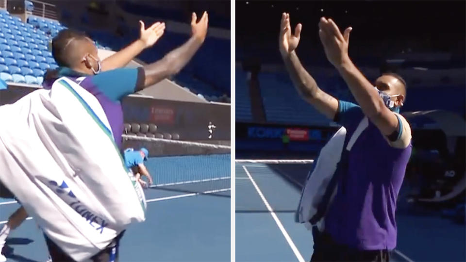 Nick Kyrgios mimicked Novak Djokovic's match-winning celebration as he walked out to an empty arena for his second round doubles match on Sunday. Pictures: Channel 9