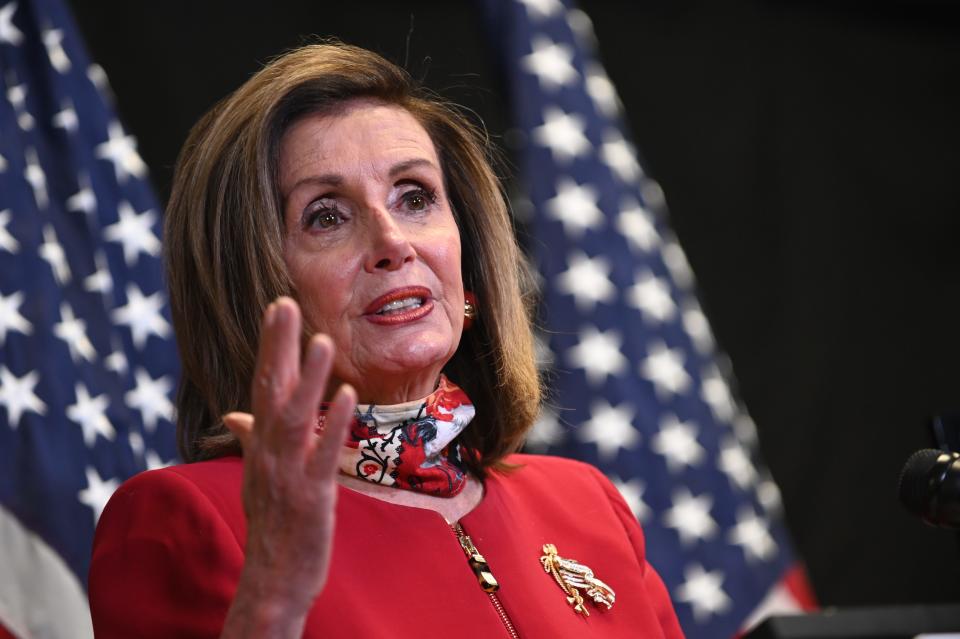 WASHINGTON, DC - NOVEMBER 03: U.S. Speaker of the House Nancy Pelosi (D-CA) speaks to media at the Democratic National Committee headquarters on Capitol Hill on November 3, 2020 in Washington, DC. (Photo by Erin Scott - Pool/Getty Images)