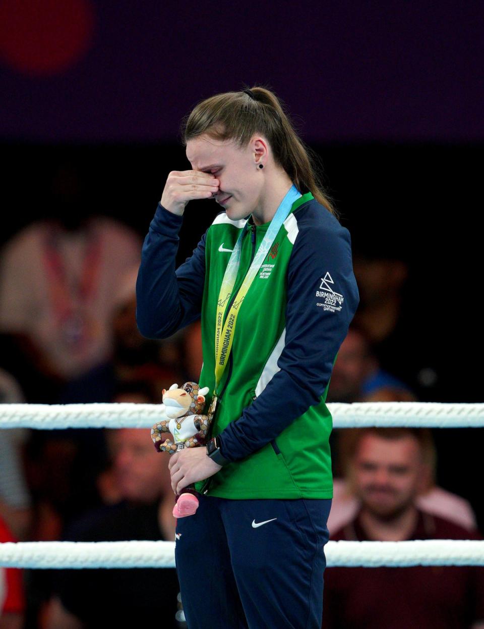 Northern Ireland’s Michaela Walsh reacts after receiving her gold medal (Peter Byrne/PA) (PA Wire)