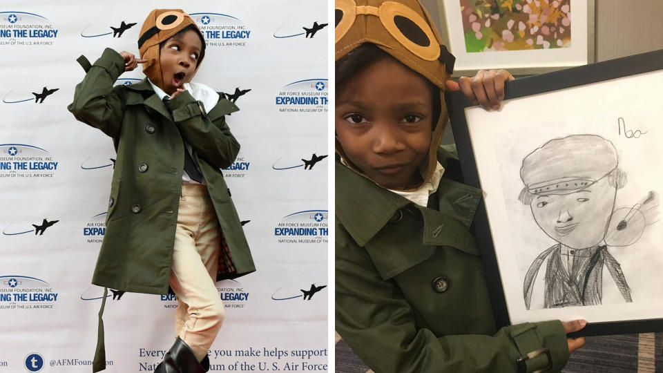 Noa Lewis poses with the portrait she drew of Bessie Coleman to present to Gigi. (Credit: Moniqua Lewis)
