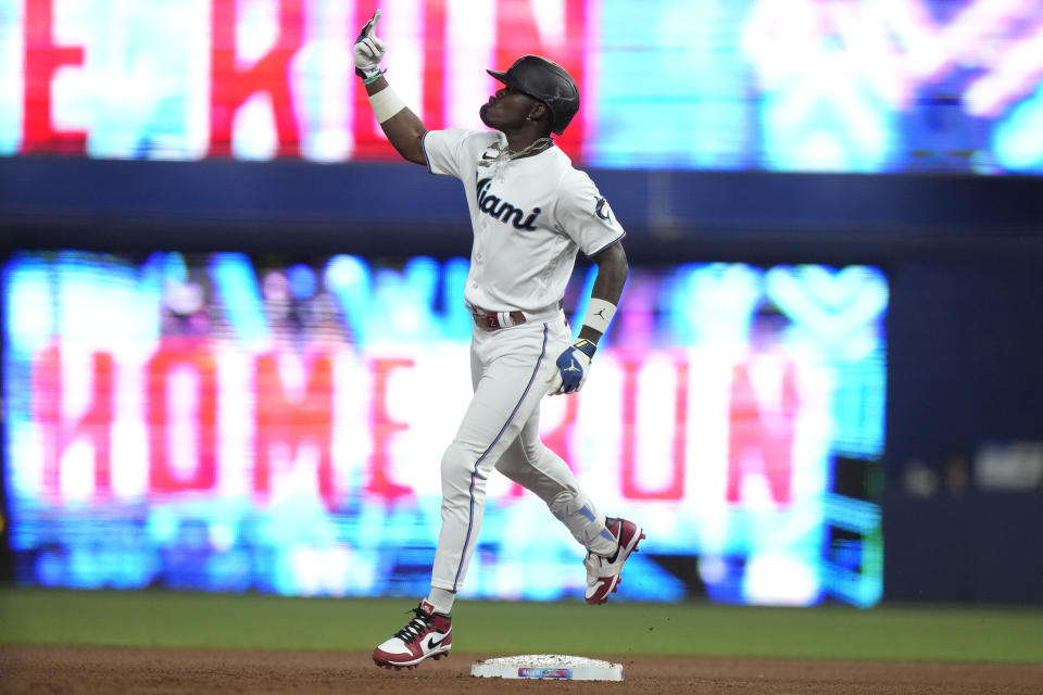 Miami Marlins' Jazz Chisholm Jr. runs the bases after hitting a three-run home run during the fourth inning of a baseball game against the San Francisco Giants, Tuesday, April 18, 2023, in Miami. (AP Photo/Lynne Sladky)