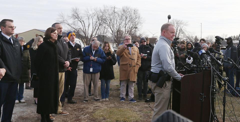 MItch Mortvedt, assistant director at Iowa Division of Criminal investigation, speaks during a news conference about the Perry High School Shooting on Thursday.