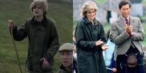 <p>Lady Diana Spencer was a country girl at heart, so it's no surprise that she had a number of Barbour wax jackets in her closet. <em>The Crown </em>depicts Diana suited up in the posh English outwear that she wore in 1985 on a visit to the Western Isles. </p>