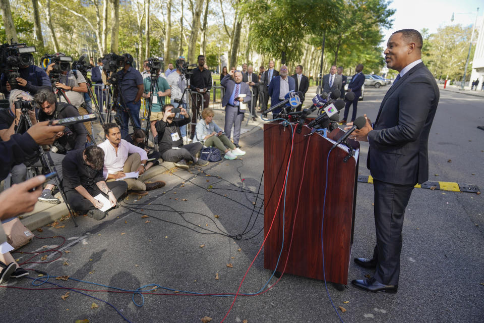 United States Attorney for the Eastern District of New York Breon Peace talks to reporters after Frank James was sentenced in New York, Thursday, Oct. 5, 2023. James, the man who wounded 10 people in a rush-hour subway shooting in New York City last year, has been sentenced to life in prison. (AP Photo/Seth Wenig)