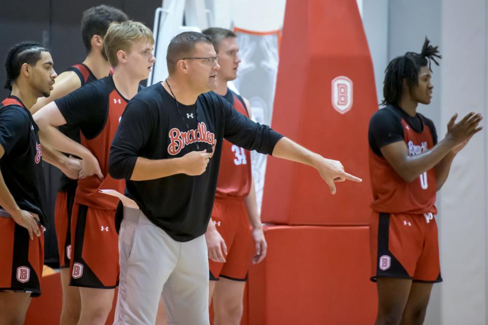 Bradley head men's basketball coach Brian Wardle directs his players during practice Monday, Oct. 2, 2023 at Renaissance Coliseum on the Bradley University campus in Peoria.