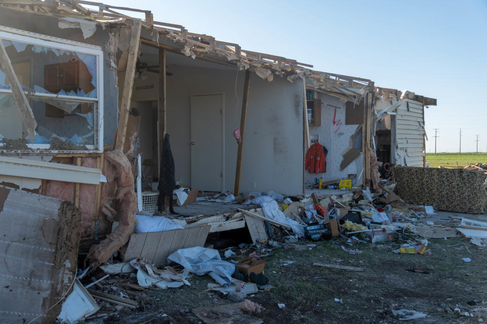 The heavily tornado damaged home of Lynn and Peggy Pattison in Perryton.