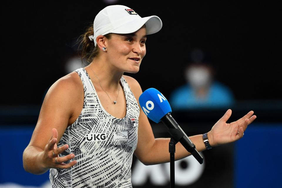 Ash Barty, pictured here speaking top Jim Courier after her victory over Amanda Anisimova at the Australian Open.