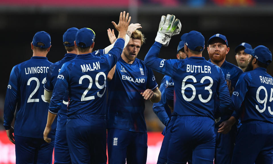Pictured the England cricket team celebrate after David Willey takes a wicket