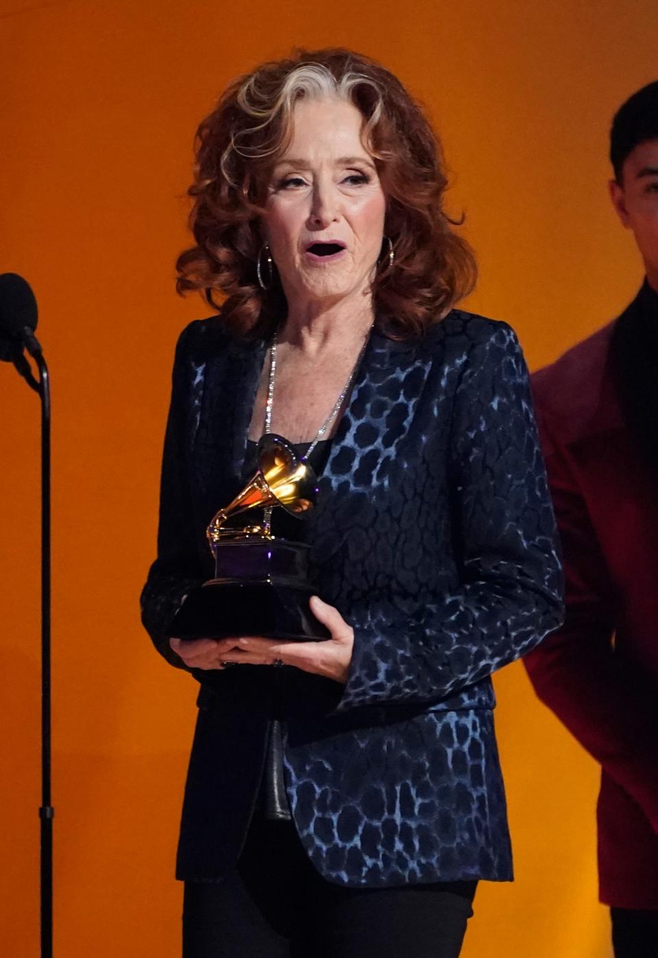 Bonnie Raitt accepts the award for song of the year for "Just Like That" at the 65th annual Grammy Awards on Sunday, Feb. 5, 2023, in Los Angeles. (AP Photo/Chris Pizzello)