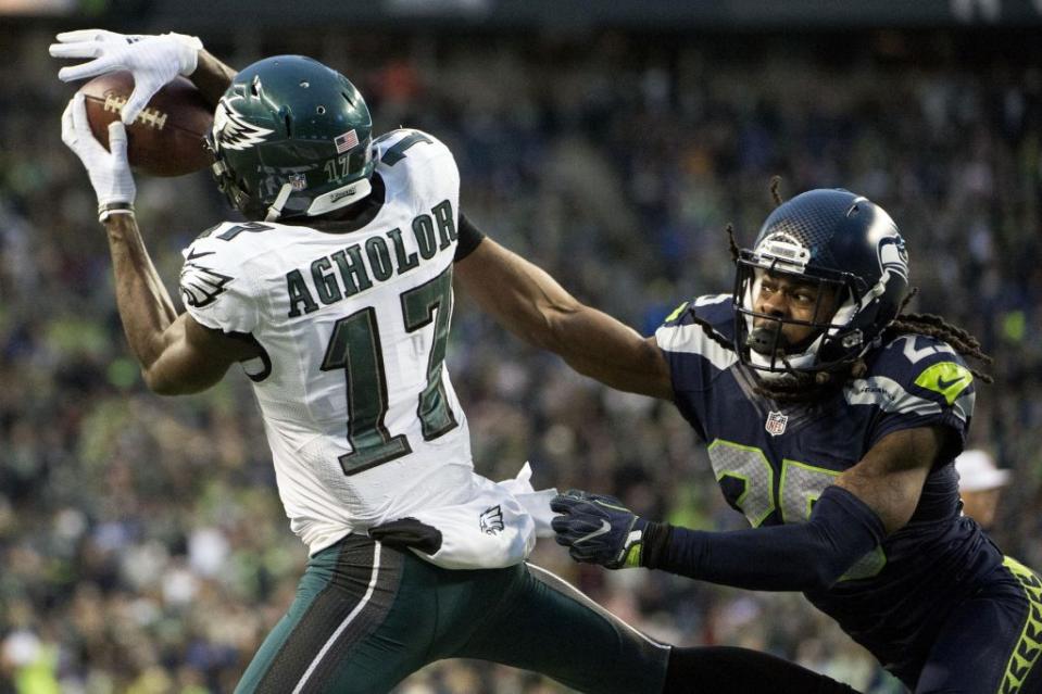 Nov 20, 2016; Seattle, WA, USA; Philadelphia Eagles wide receiver Nelson Agholor (17) catches a pass for a two point conversion as he is defended by Seattle Seahawks cornerback Richard Sherman (25) during the fourth quarter at CenturyLink Field. The Seahawks won 26-15. Mandatory Credit: Troy Wayrynen-USA TODAY Sports