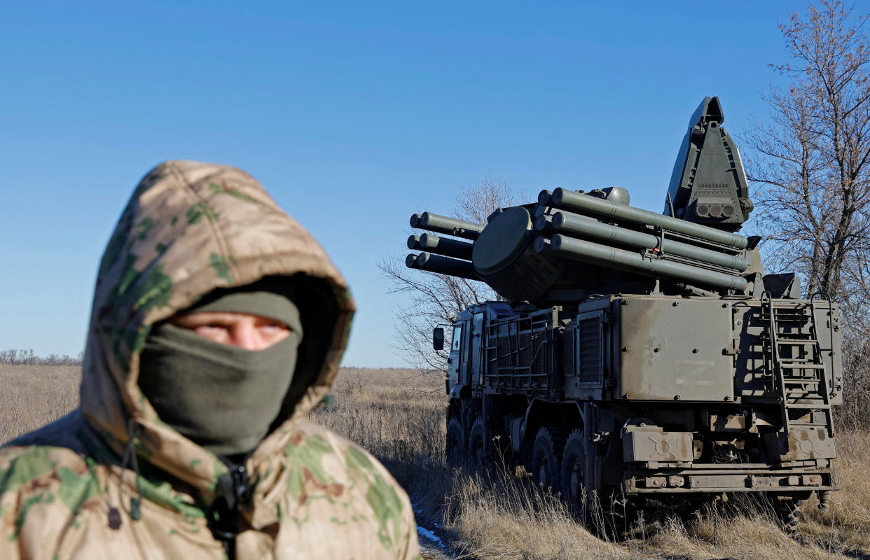 A Russian service member with an anti-aircraft missile system