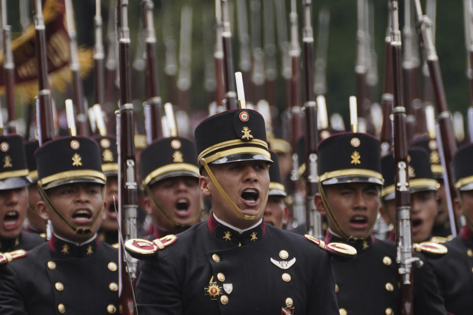 Members of the military school march in the annual Independence Day parade in the capital's main square, the Zocalo, in Mexico City, Friday, Sept. 16, 2022. (AP Photo/Marco Ugarte)