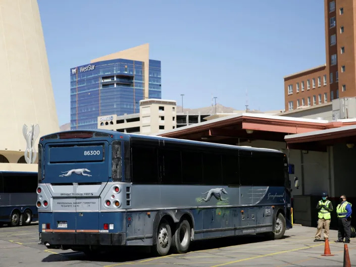 A Greyhound bus parked outside in Texas in 2021.