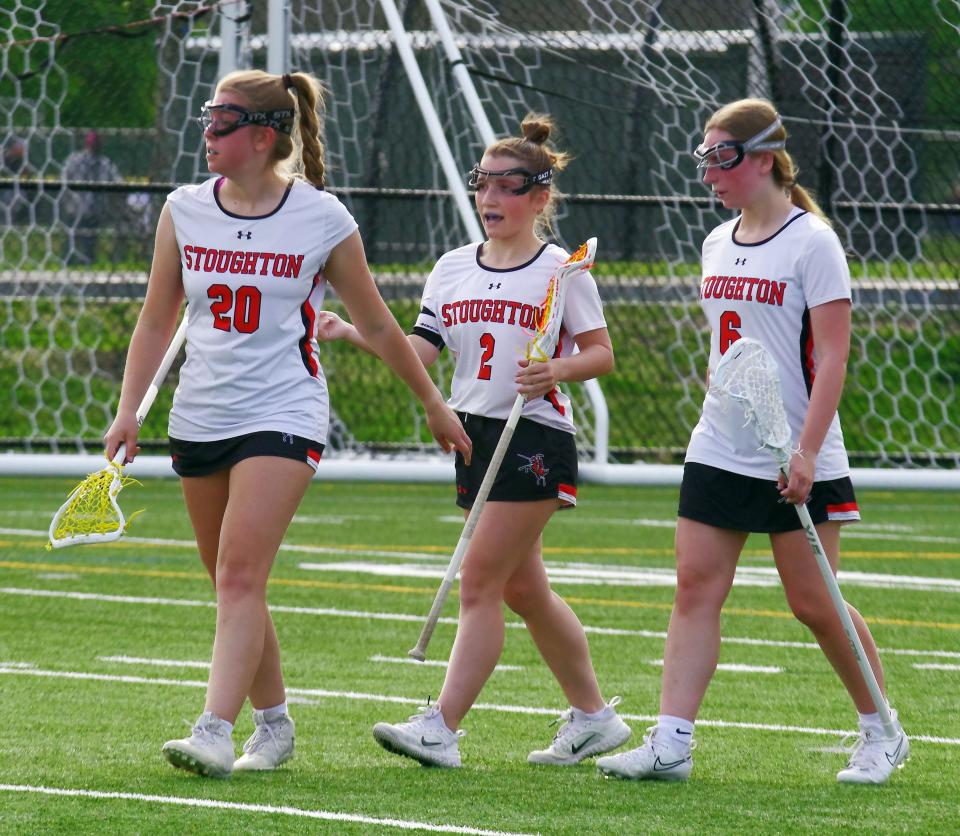 Morgan Groppi of Stoughton, who recently reached the 100 goal mark, also serves as team Captain of the Black Knights, and is a natural as team leader working with teammates Hazel McBurney #20 and Lilly Nourse #6 in the game against North Attleboro on Tuesday, May 6, 2024.