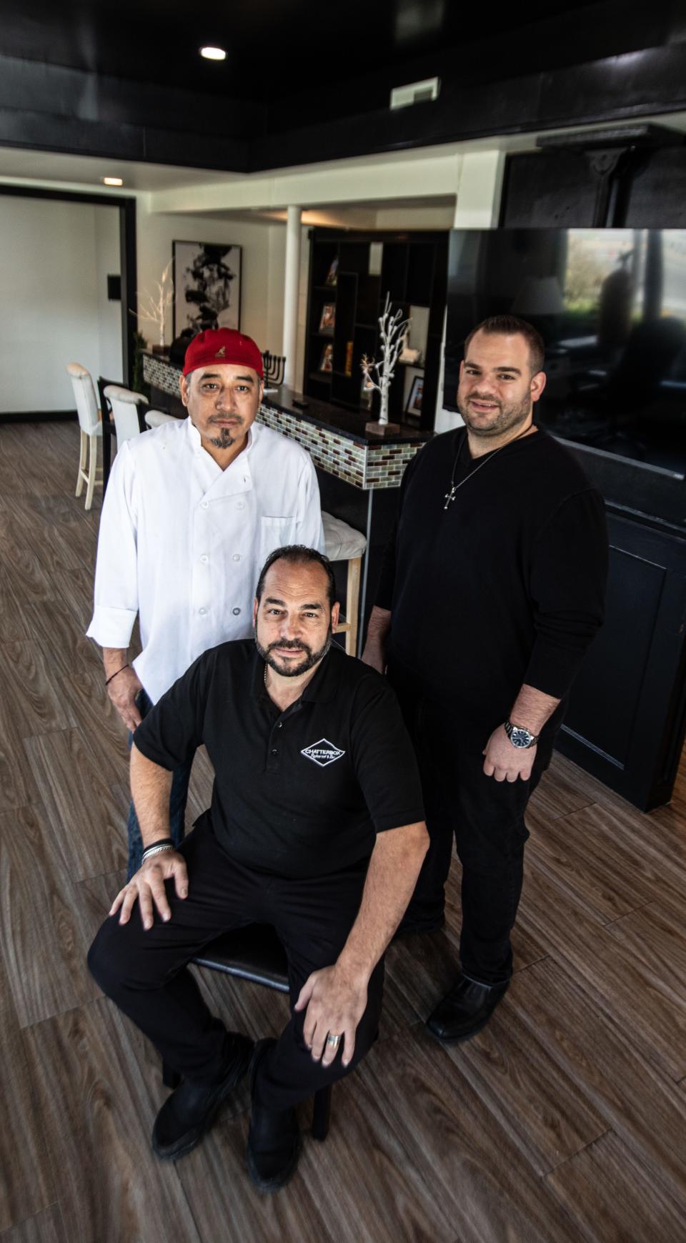 Joseph Pandolfo, seated, owner of Chatterbox Per La Via in Hawthorne, with his son and co-owner Joseph, and chef Pasquale Mango, photographed Nov. 14, 2023.