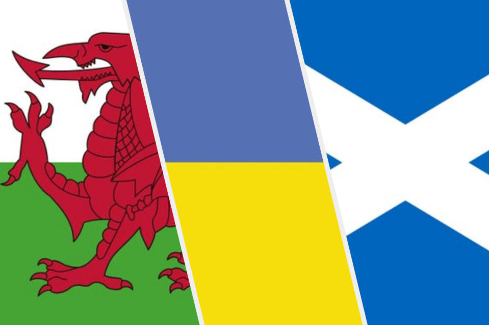 Wales, Ukraine, and Scotland flags