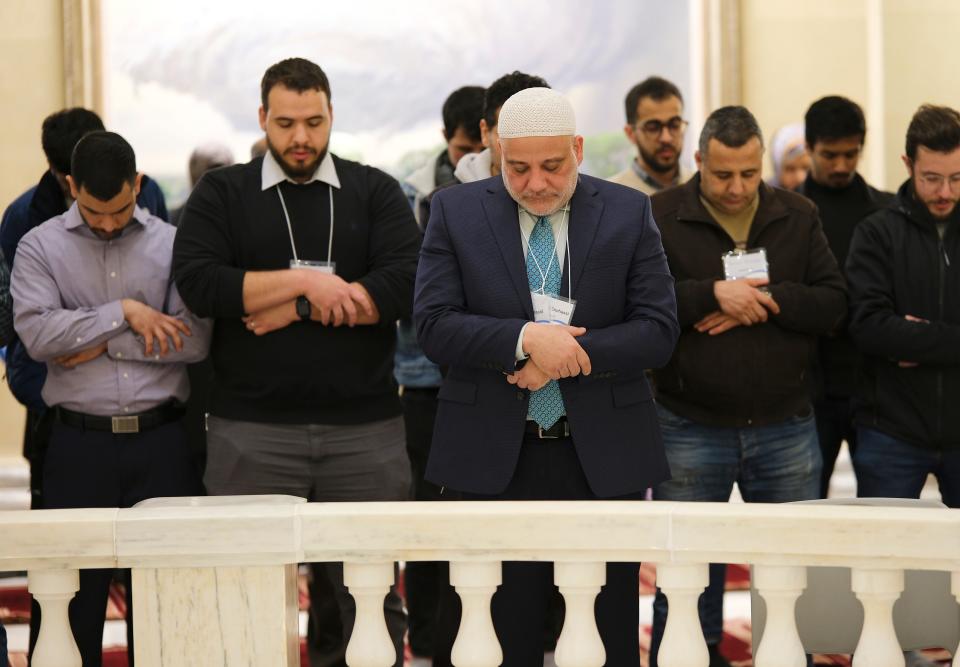 Imam Imad Enchassi leads the Dhuhur Prayer on Monday during Muslim Day at the Oklahoma Capitol.